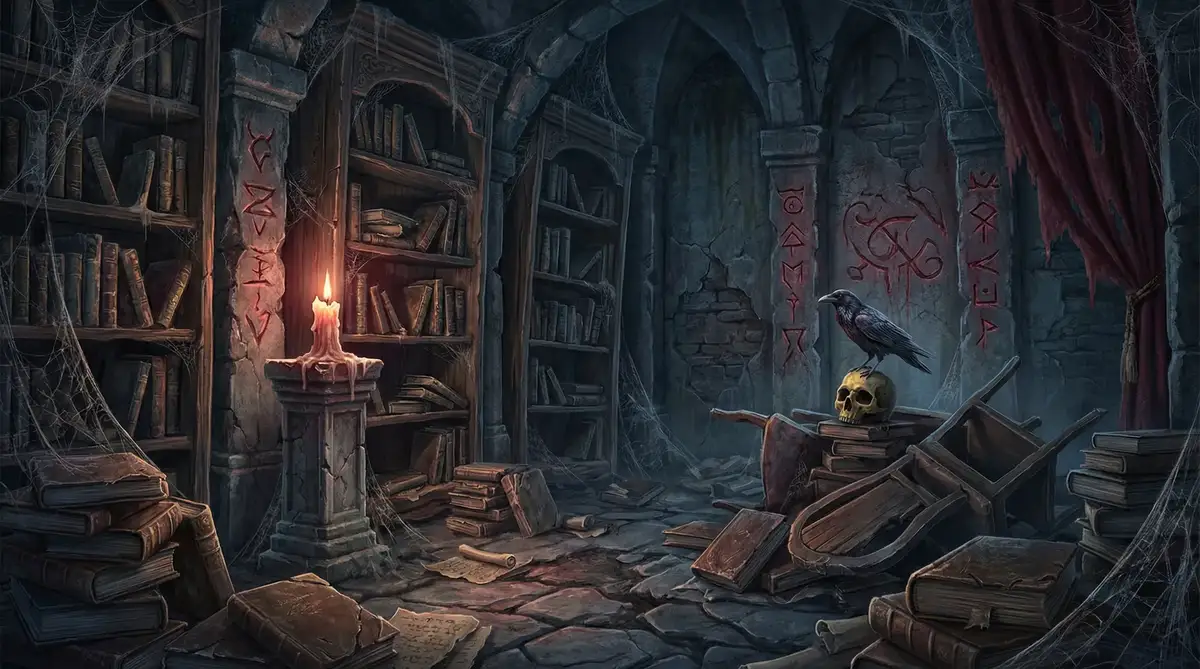 肉便器 暗黑插画 - 废弃图书馆中的神秘符号与乌鸦